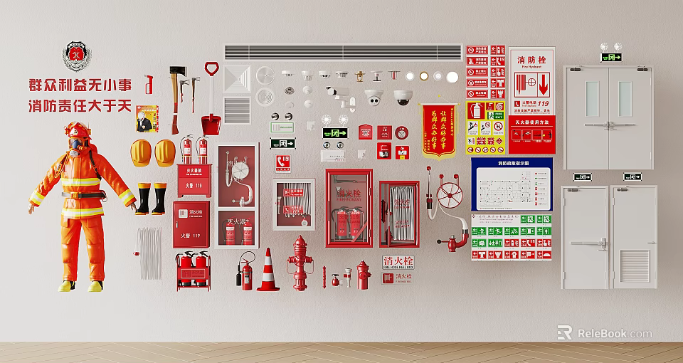 Essential Fire Safety Equipment Collection With Extinguishers Hydrants Hoses Axes And Signs 3d model 