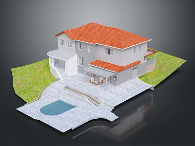 Cartoon Scene of House with Red Roof White Walls Swimming Pool Lawn and Patio Area 3d model