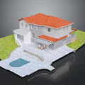 Cartoon Scene of House with Red Roof White Walls Swimming Pool Lawn and Patio Area