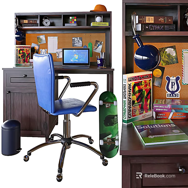 Organized Desk Setup With Blue Chair Laptop Skateboard And Bulletin Board Decor 3d model 