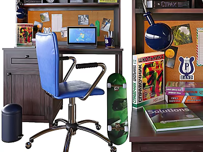 Organized Desk Setup With Blue Chair Laptop Skateboard And Bulletin Board Decor 3d model