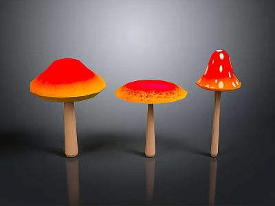 Three Colorful Vibrant Mushrooms with Orange Red Gradient Spotted Caps and Wooden Stems 3d model