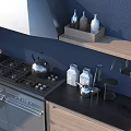Modern Kitchen Interior With Wooden Cabinets Black Countertop Island And Appliances