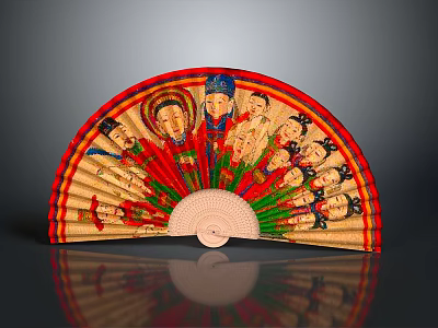 Handcrafted Folding Fan With Traditional Colorful Figure Paintings And Bamboo Frame 3d model