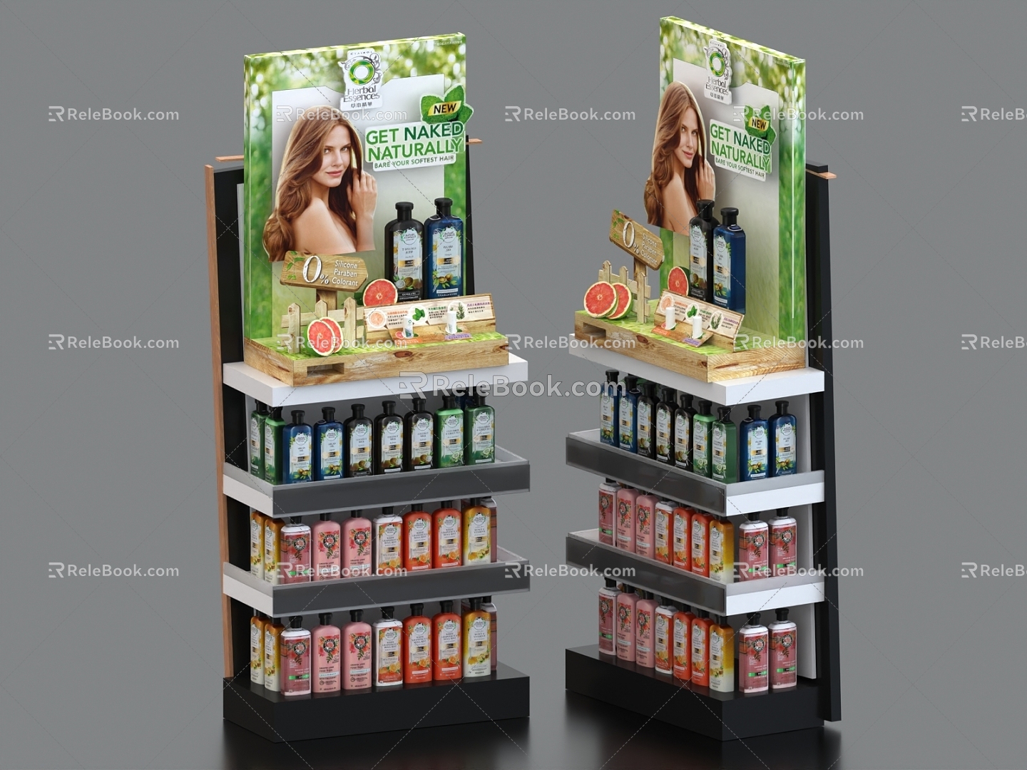 Shampoo shower gel supermarket shelf showcase booth commodity packaging model