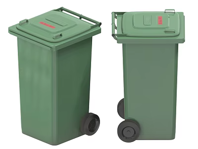 Two Green Plastic Trash Bins With Lids And Wheels For Waste Disposal 3d model