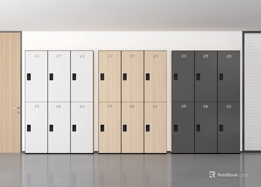 Light Beige And Dark Lockers Arranged In Empty Room With White Wall 3d model 