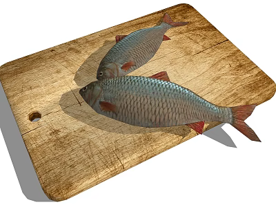 Two Fresh Fish With Red Fins And Silver Scales On Wooden Cutting Board 3d model