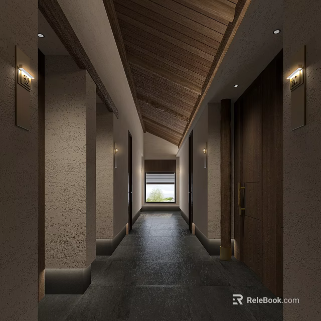 Elegant Hotel Corridor Interior With Wooden Ceiling Wall Lamps And Dark Floor Tiles 3d model 