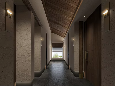 Elegant Hotel Corridor Interior With Wooden Ceiling Wall Lamps And Dark Floor Tiles 3d model