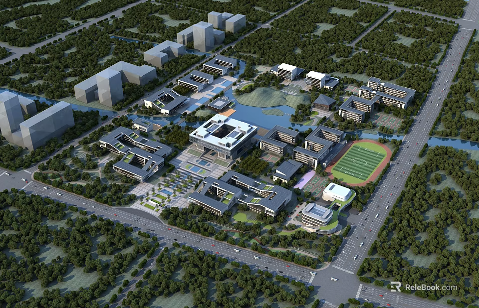 Modern School Buildings Surrounded By Greenery With Lake And Sports Field On Campus 3d model 