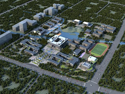 Modern School Buildings Surrounded By Greenery With Lake And Sports Field On Campus 3d model