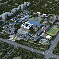 Modern School Buildings Surrounded By Greenery With Lake And Sports Field On Campus
