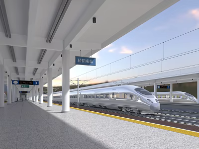 Modern Railway Station Platform With High-Speed Train Blue Signage And Clear Sky 3d model