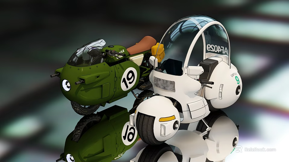 Stylish Green And White Motorcycles With Number 19 Transparent Canopy And Reflection 3d model 