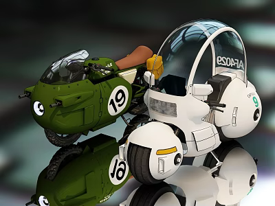 Stylish Green And White Motorcycles With Number 19 Transparent Canopy And Reflection 3d model
