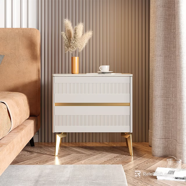 Modern White Nightstand With Gold Legs Vase And Coffee Cup On Top 3d model 