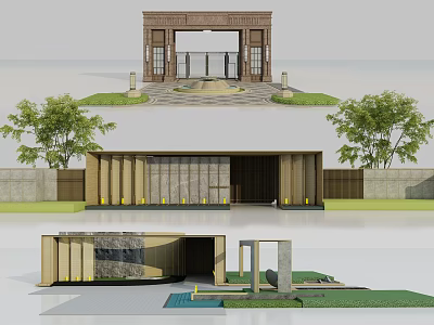 Elegant Entrance Gate Design With Stone Decor Symmetric Pillars And Greenery 3d model