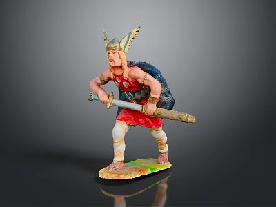 Man Dressed as Viking Warrior in Red Outfit with Horned Helmet Holding Sword 3d model