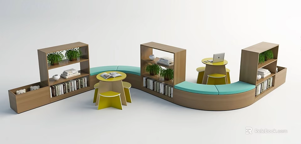 Wooden Children's Table With Bookshelves Books Green Plants Yellow Stools And Blue Cushions 3d model 