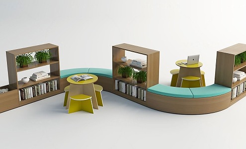 Modern Children's Table and Chair Simple Curved Bookshelf Seat Combination Children's Curved Seat Table and Chair Combination Bookshelf Bookcase 3d model