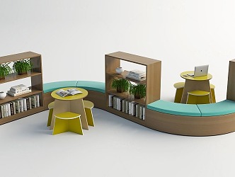 Modern Children's Table and Chair Simple Curved Bookshelf Seat Combination Children's Curved Seat Table and Chair Combination Bookshelf Bookcase 3d model