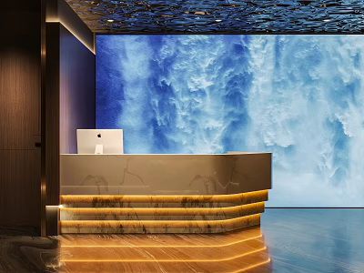 Elegant Hotel Lobby Featuring Large Blue Waterfall Painting Illuminated Reception Desk Computer And Wooden Floor 3d model