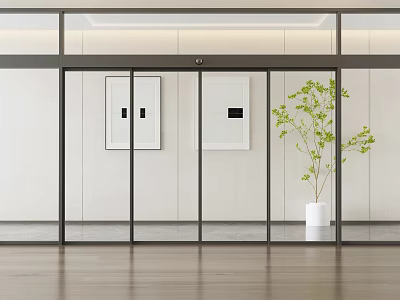 Modern Interior Space With Glass Partition Doors Framed Art And Green Plant 3d model
