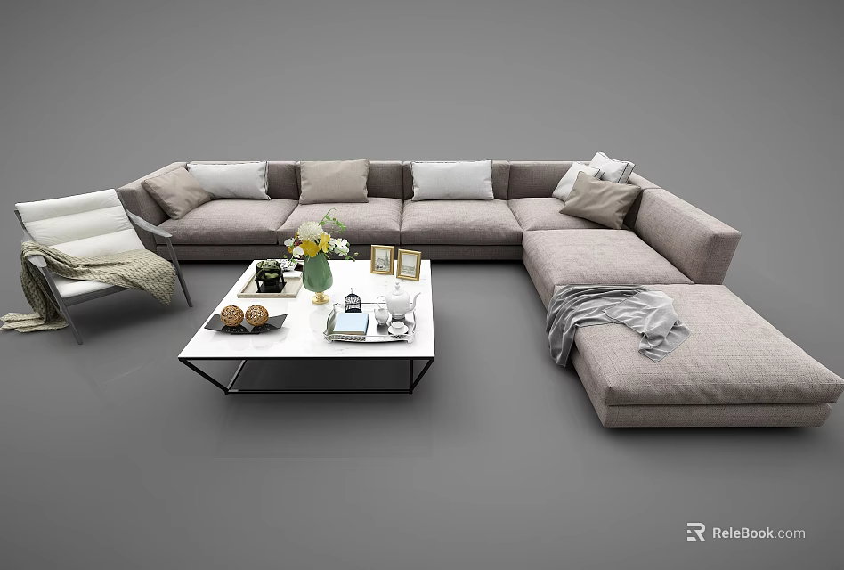 Modern L shaped Sofa And Coffee Table Set With Decorative Items And Pillows 3d model