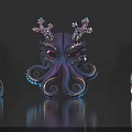 Vibrant Violet Blue Octopus Masks With Curled Tentacles Coral Like Decorations On Reflective Surface