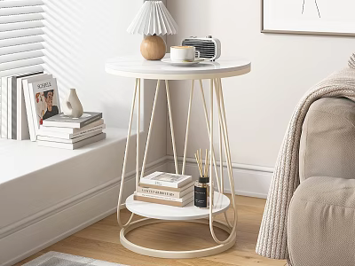 Modern White Round Side Table With Two Tier Design Lamp Books And Radio 3d model