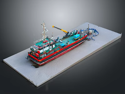Detailed Red Black Green Ship Model on Gray Platform with Crane Structure 3d model