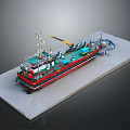 Detailed Red Black Green Ship Model on Gray Platform with Crane Structure 3d model