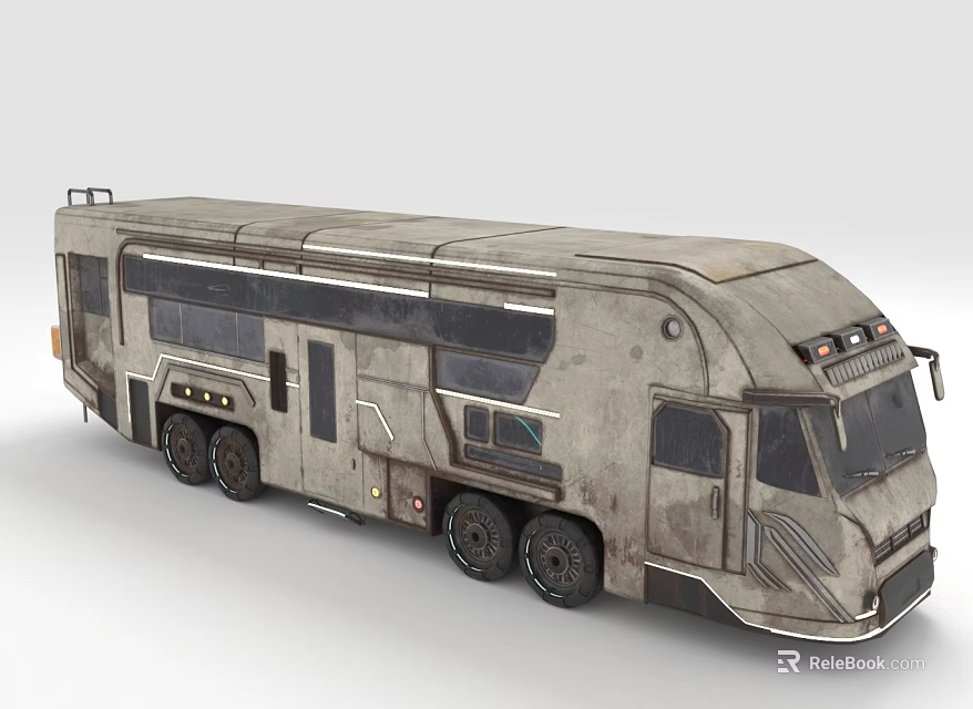 Rugged Industrial Recreational Vehicle With Long Body Multiple Windows Roof Equipment And Metallic Exterior 3d model 