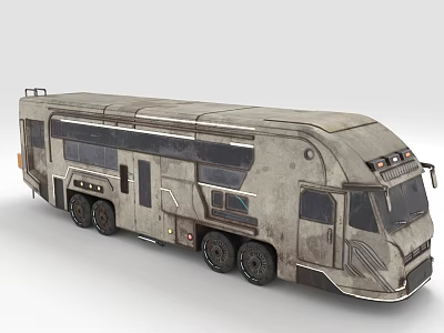 Rugged Industrial Recreational Vehicle With Long Body Multiple Windows Roof Equipment And Metallic Exterior 3d model