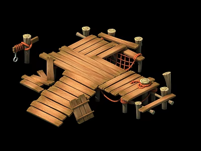 Wooden Dock Structure With Planks Posts Ropes And Netting Details 3d model