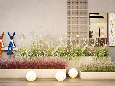 Modern Plant Combination With Mixed White Pink Grasses In Light Planters And Spherical Lights 3d model