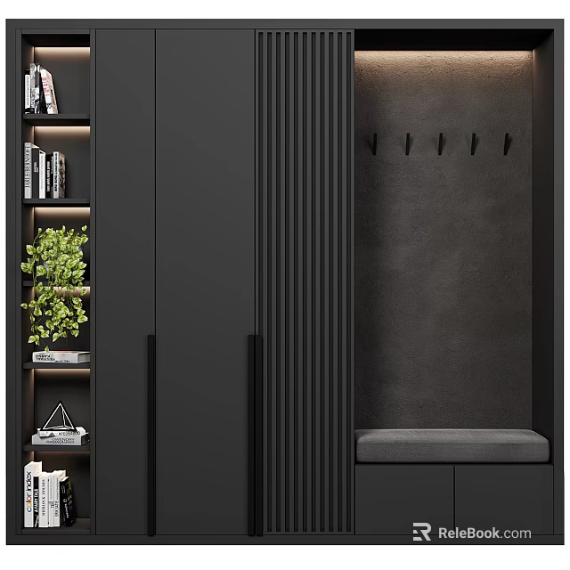 Black Entryway Cabinet and Side Cabinet with Green Plant Books Coat Hooks and Bench 3d model 