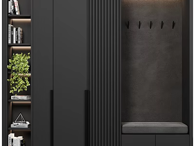 Black Entryway Cabinet and Side Cabinet with Green Plant Books Coat Hooks and Bench 3d model