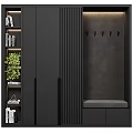 Black Entryway Cabinet and Side Cabinet with Green Plant Books Coat Hooks and Bench