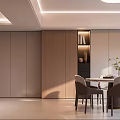 Modern Restaurant Interior With Light-Colored Walls Wooden Dining Table Chairs And Decorative Plant