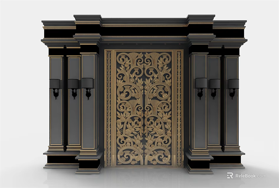 Luxurious Classical Door with Golden Intricate Carvings Black Frame Columns and Wall Lamps 3d model 