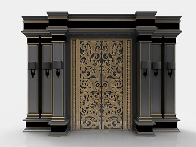 Luxurious Classical Door with Golden Intricate Carvings Black Frame Columns and Wall Lamps 3d model