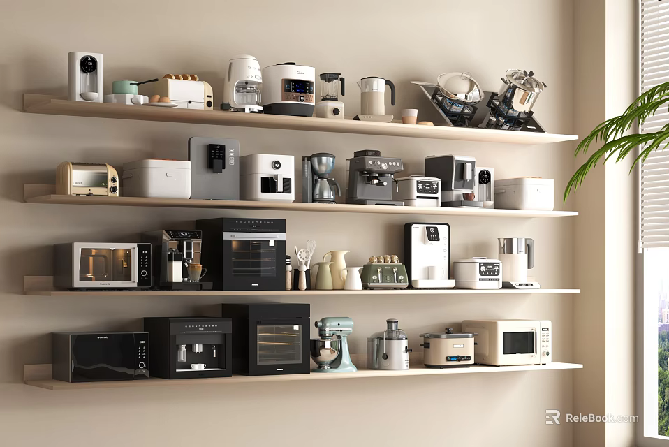 Organized Shelves With Various Household Appliances Including Coffee Maker Microwave Blender Toaster And Electric Kettle 3d model 