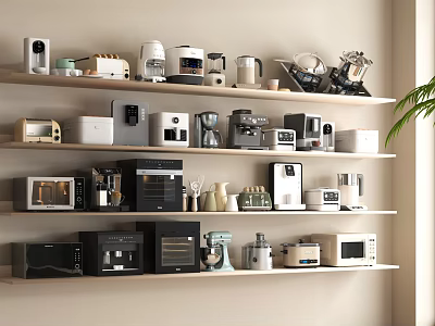 Organized Shelves With Various Household Appliances Including Coffee Maker Microwave Blender Toaster And Electric Kettle 3d model