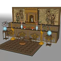 Ancient Architectural Shrine Interior Featuring Wooden Carvings Buddha Statue Altar Table And Traditional Carpet