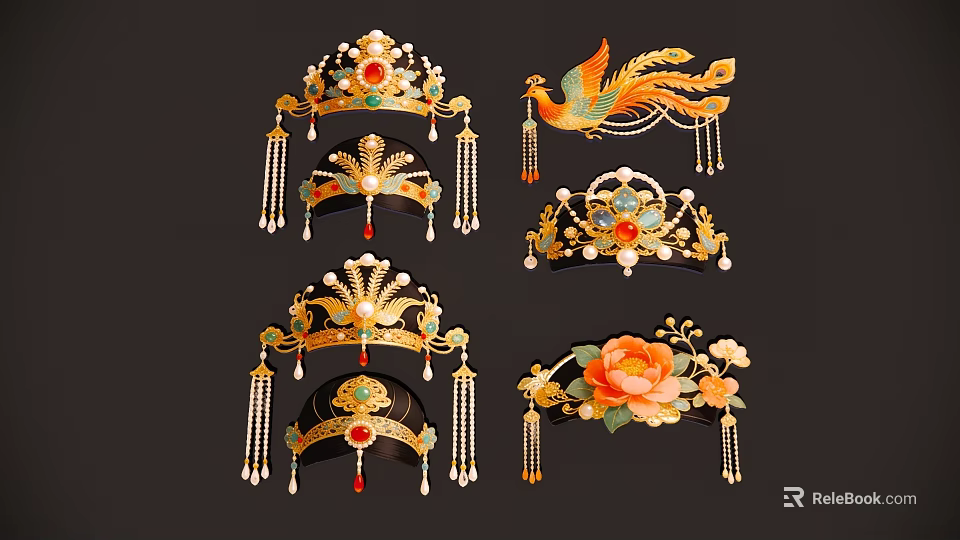 Traditional Chinese Hanging Ornaments With Phoenix Crown Pearl Tassels And Flower Designs 3d model 