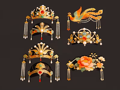 Traditional Chinese Hanging Ornaments With Phoenix Crown Pearl Tassels And Flower Designs 3d model