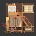 Cartoon Scene of Cute Loft Room with Wooden Floor Staircase Shoji Screen and Water Wheel