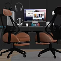 Modern Gaming Desk Setup With Computer Monitor Ergonomic Chairs And Headphones